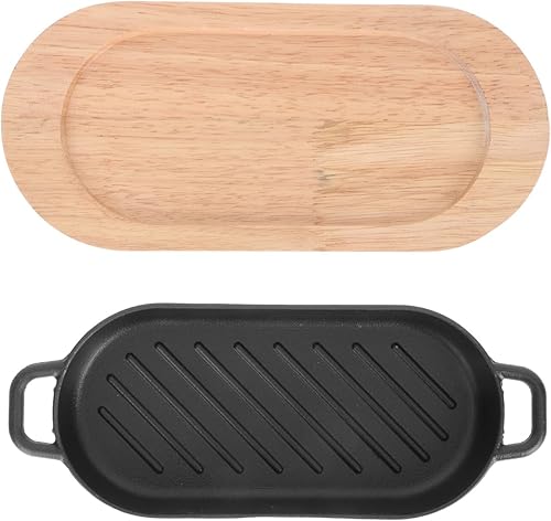 Miniatura 8 de Plato Sizzling con base de madera - Plato de carne de hierro fundido pre-sazonado sartén de fajita de hierro fundido chisporroteante sartén de