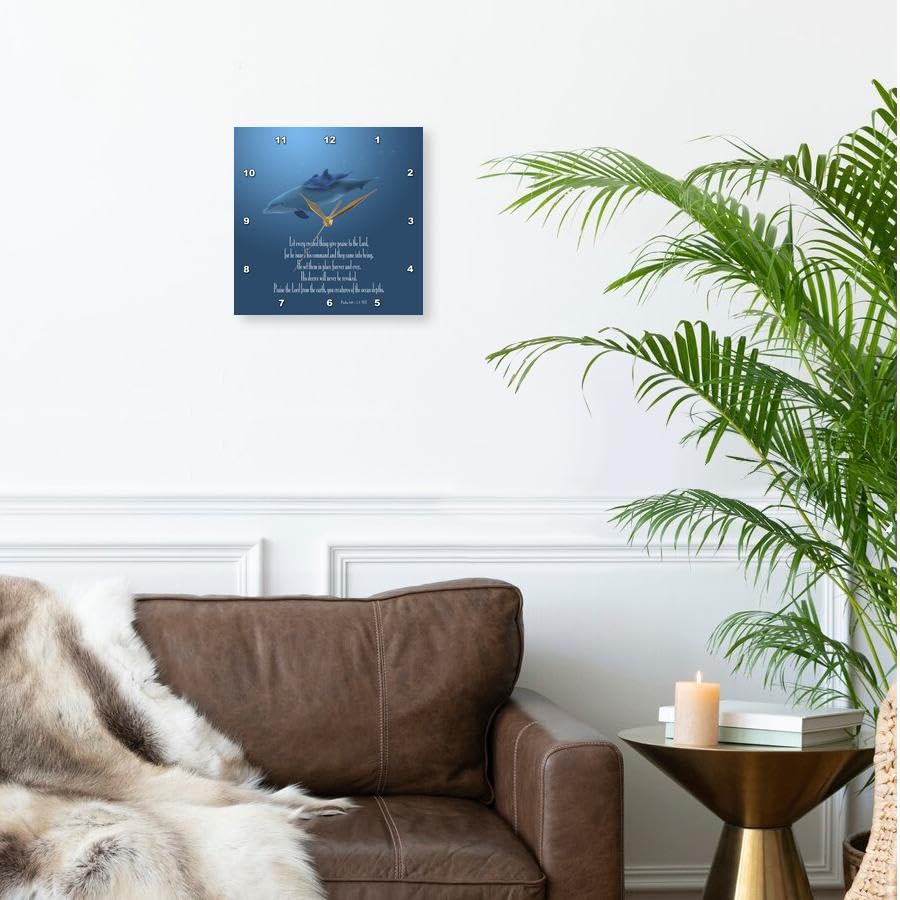 3D Rose 3dRose Mother and Baby Dolphin Swimming in The Aqua Colored Ocean with The Bible Verse Psalm 148 v 5-7-Wall Clock, 13-inch (DPP_36108_2)
