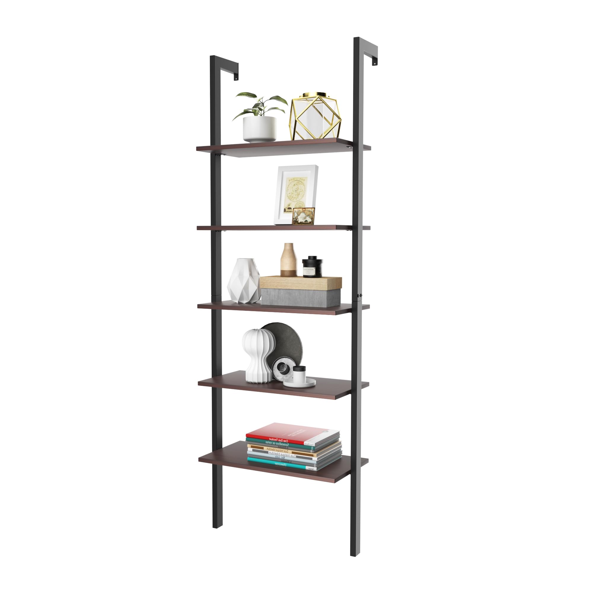 HOMASIS Estantería Escalera con 5 Niveles, librería de Pared con Estructura de Metal, estantes de Almacenamiento, Moderna estantería de pie, para Oficina en casa, salón, 61 x 30 x 183 cm (Marrón)