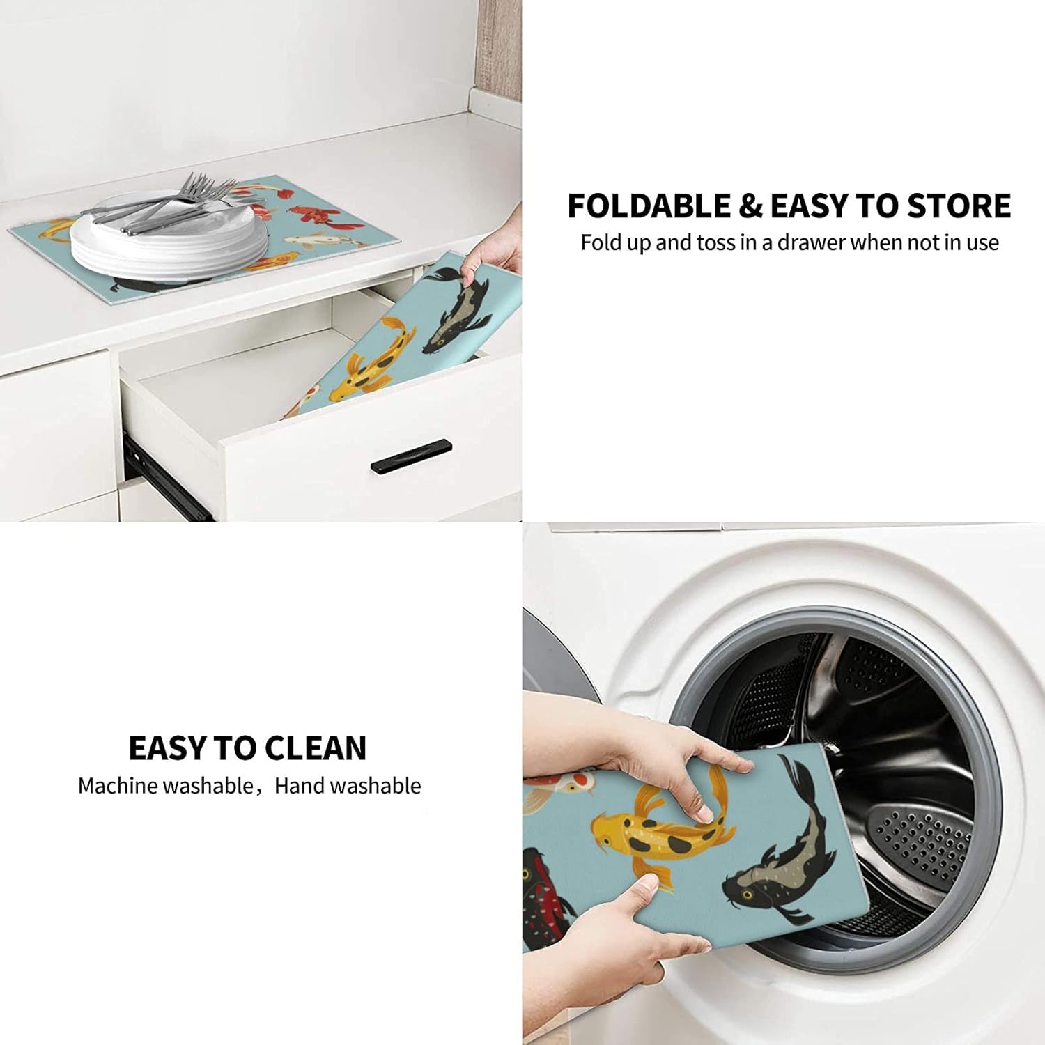 Koi Fish Dish Drying Mat for Kitchen,Absorbent Dishes Drainer/Rack Pad for Countertop,16 x 18 Inch 1 Pack