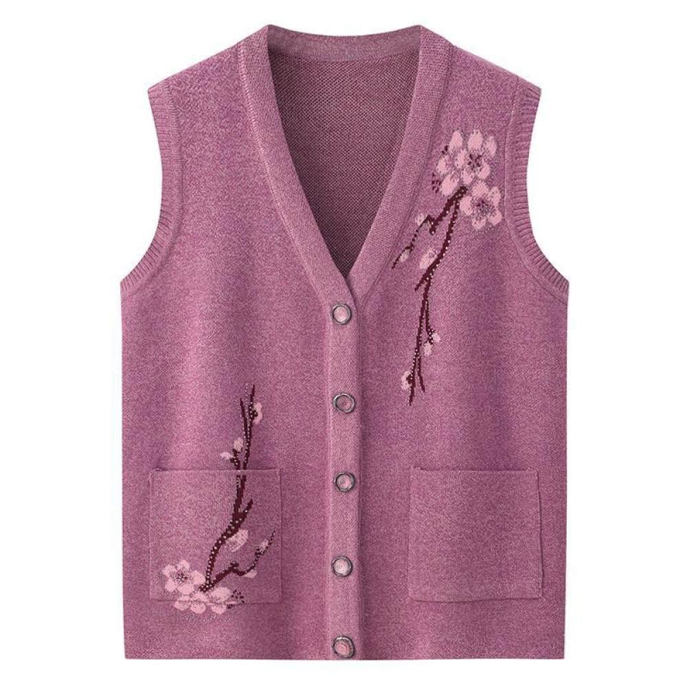 Sweater Vest,Frauen Strickwesten Elegant Verdicken Lila Blumenjacquard V-Ausschnitt Tasche Strickjacke Weste Herbst Locker Weich Ärmellos Strick Tanktop Ältere Damen Weste