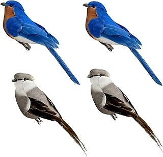Artificial Birds Blue Bird Gray Northern Mockingbird Artificial Birds for Decoration and Crafts Christmas Tree Ornaments (4PCS)