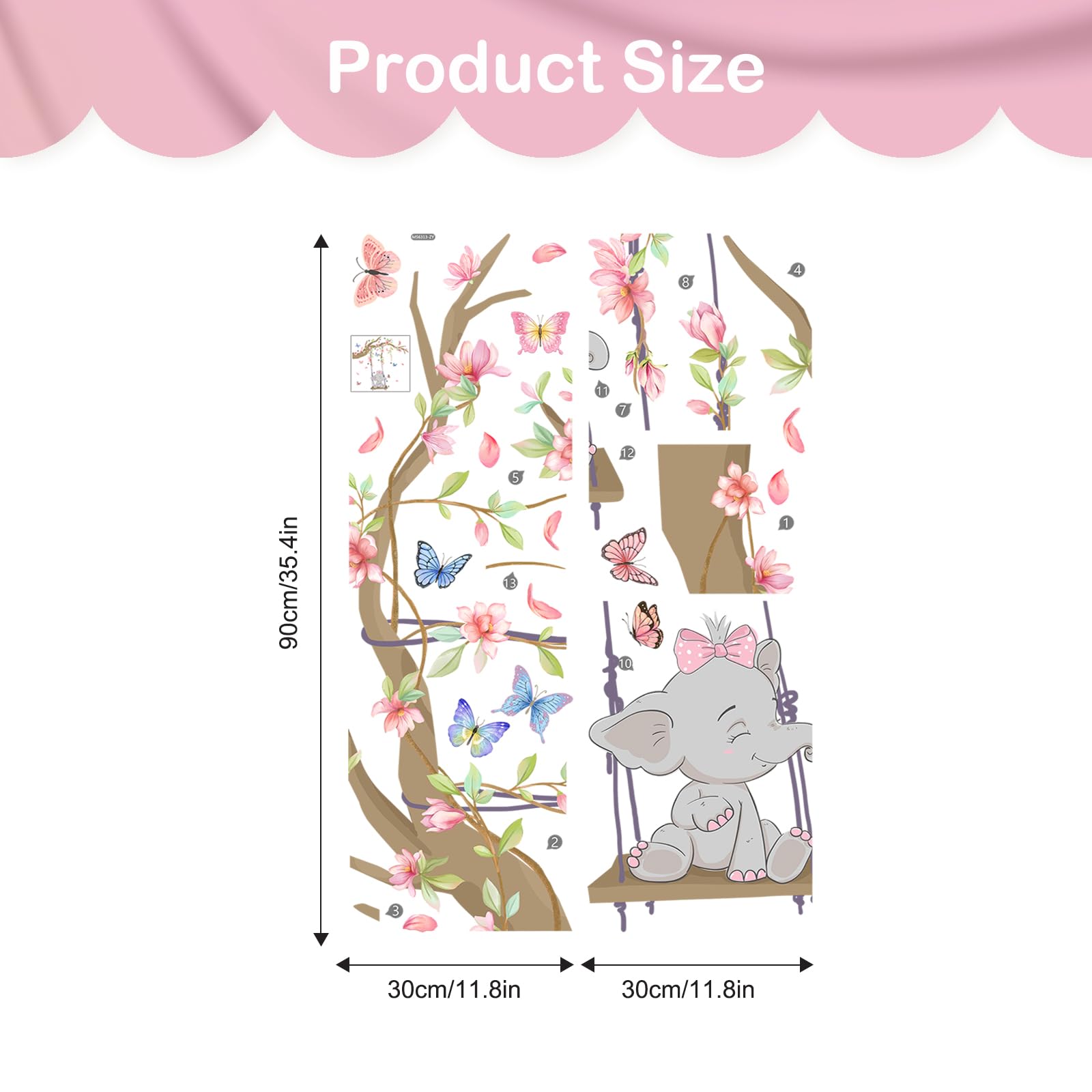 Tanlaby Rosa Columpio Elefante Vinilo Pared, Rama Flores Rosas Mariposas Pegatinas de Pared Caricatura Autoadhesivo Removible Vinilos Decorativos para Dormitorio de Niña Guardería Decoracion Pared