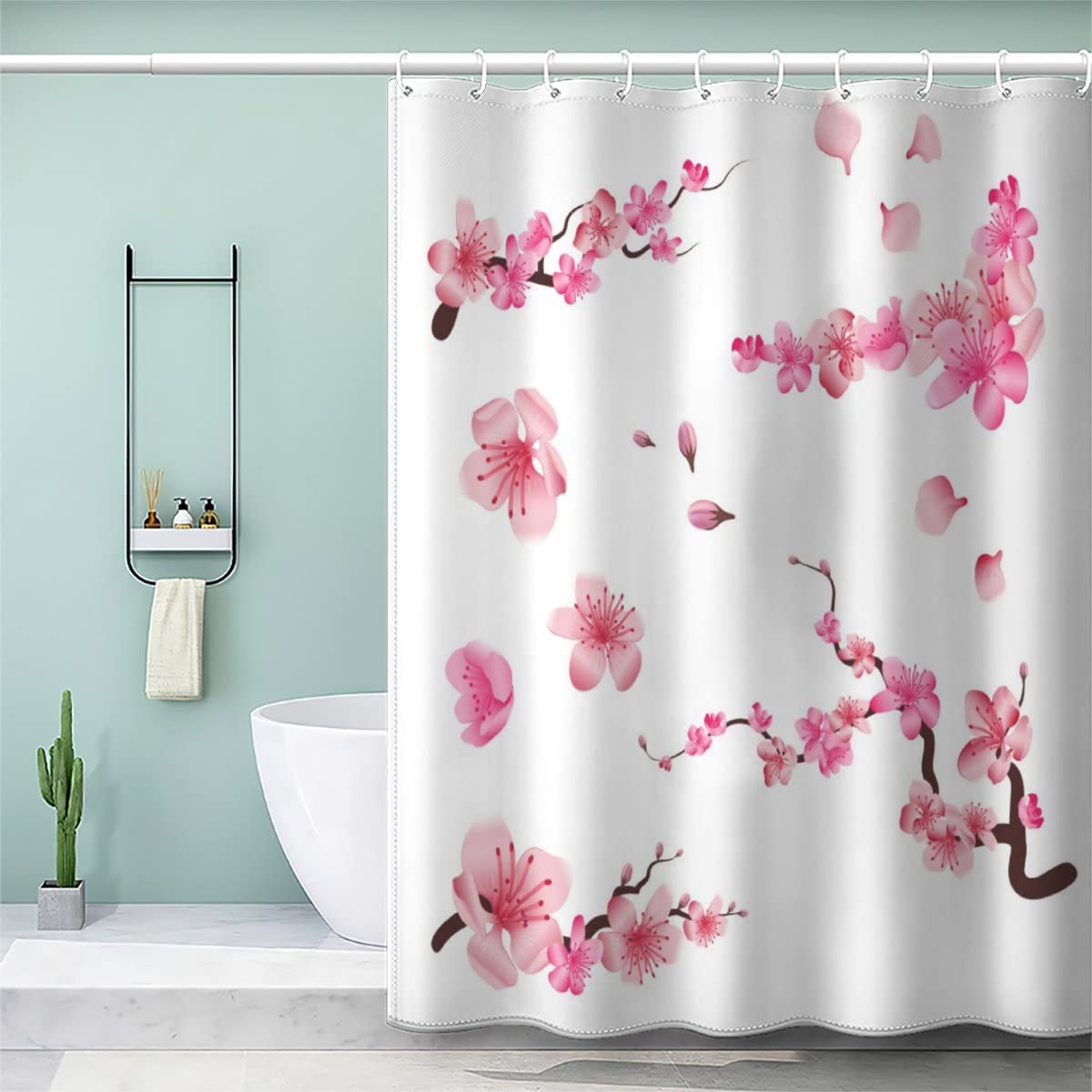 VASENA Spring Cherry Blossoms Shower Curtain Mould Proof Resistant Waterproof Polyester 3D Printed Pink Petals Bath Curtains for Shower with 12 Hooks Art Deco 180x200 cm