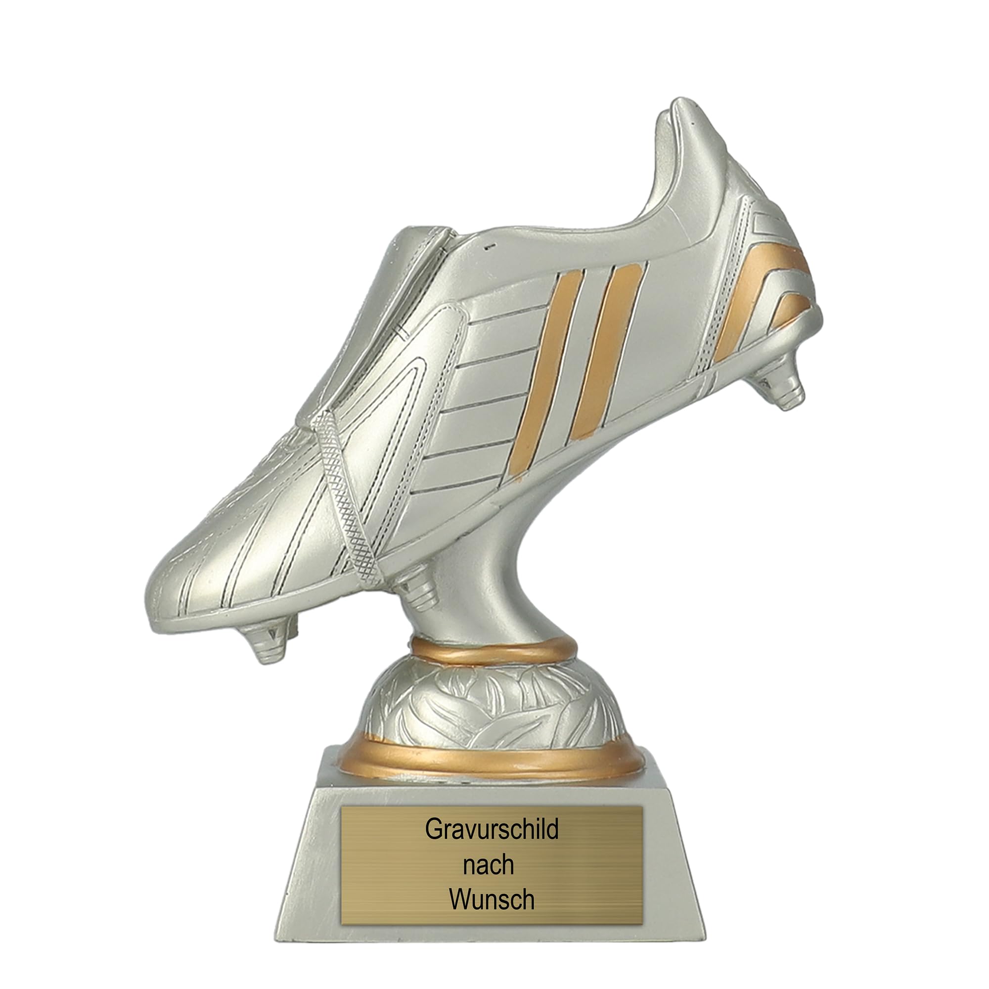 Pokal-Fabrik - Pokal mit Gravur Wunschtext - 17 cm Resin Gold/Silber Sportfigur Fussball-Schuh – Geschenk-Trophäe für Fußball WM, Sport Events & Wanderpokal - Torschütze