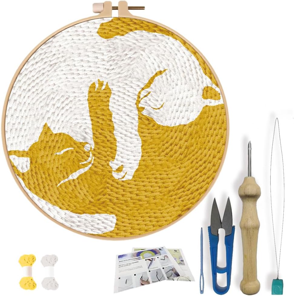 FREEBLOSS DIY Cat Punch Needle Kit for Beginners Embroidery Punch Needle Starter Craft Set with Instructions Frame Embroidery Kit for Adults Gift Decoration, 7.9"/20cm