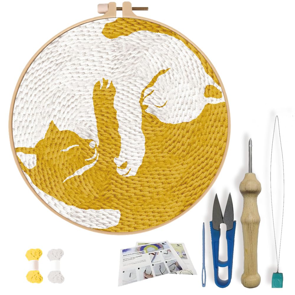 FREEBLOSS DIY Cat Punch Needle Kit for Beginners Embroidery Punch Needle Starter Craft Set with Instructions Frame Embroidery Kit for Adults Gift Decoration, 7.9"/20cm