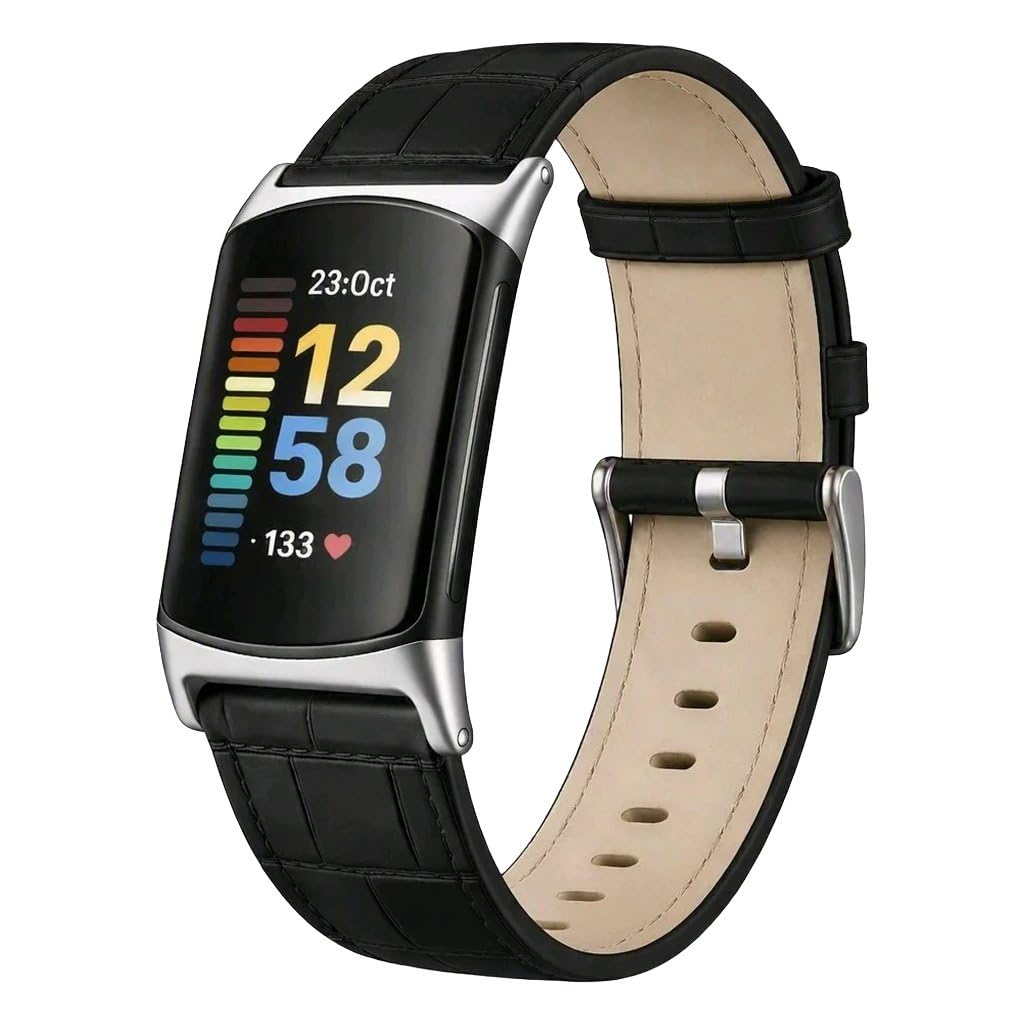 Panda Bobo Leather Strap compatible with Fitbit Charge 5 / Charge 6, Black