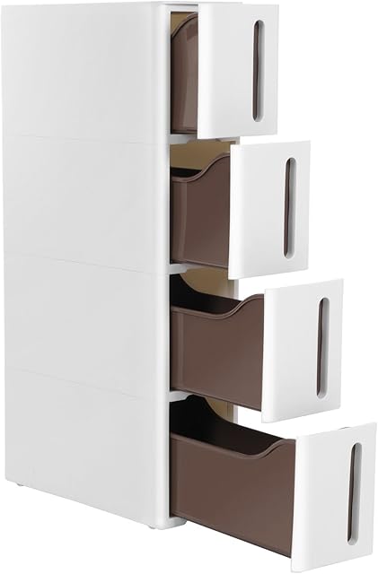 SONGMICS Plastic Storage Drawers, Narrow Storage Trolley on Wheels, 4-Drawer Storage Unit Tower for Bathroom Kitchen, Space-Saving, 45 x 17 x 83 cm, White and Brown KFR08WT