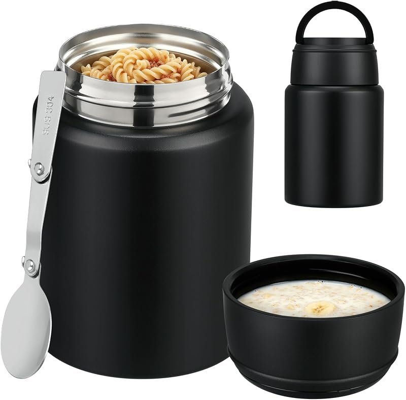 16oz Insulated Food Jar with Spoon, Stainless Steel, Black | insulated food jar, stainless steel, hot 12h cold 24h, leak-proof silicone seal, folding spoon
