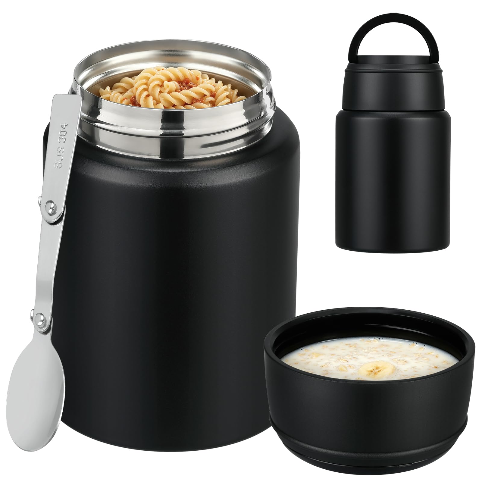 16oz Insulated Food Jar with Spoon, Stainless Steel, Black | insulated food jar, stainless steel, hot 12h cold 24h, leak-proof silicone seal, folding spoon 16oz-Black