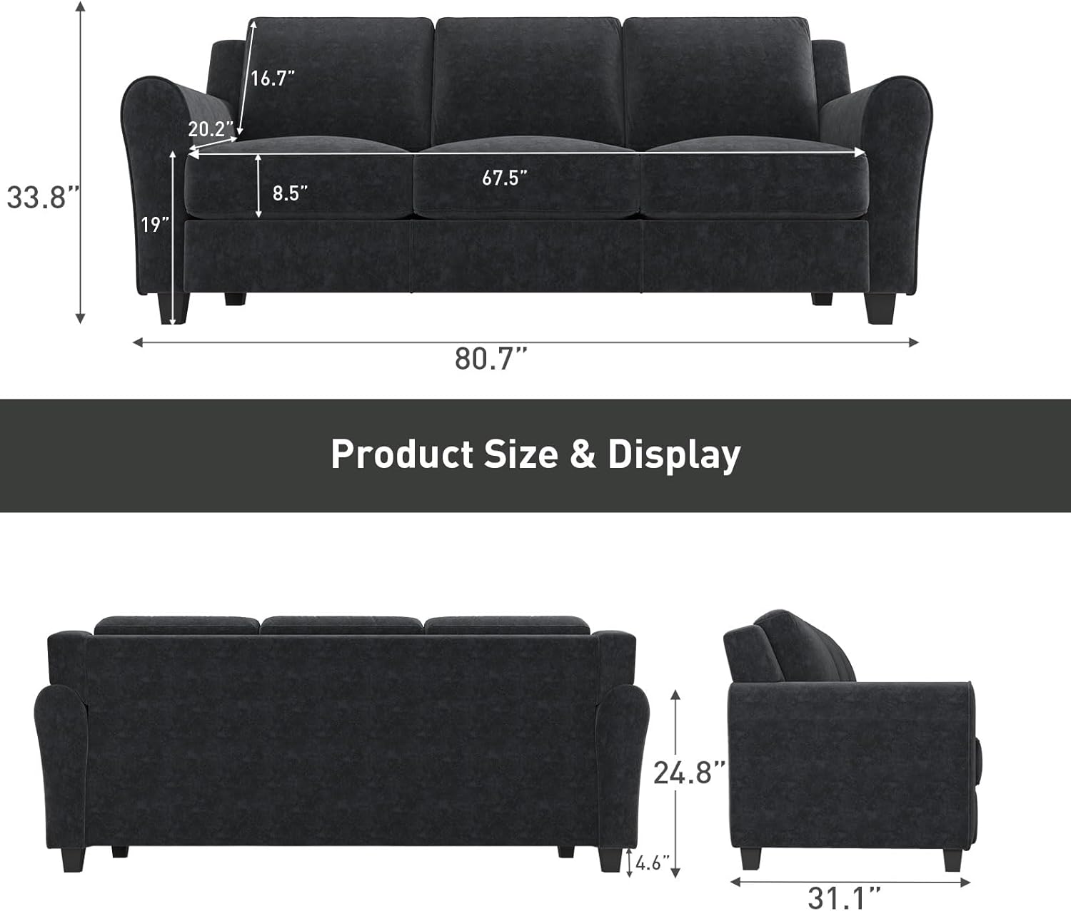 Bonzy Home 80.7" Black Couch, 3 Seater Sofa for Living Room, Modern Comfy Couches with Thick Cushion for Home Apartment Office Black 80.7"