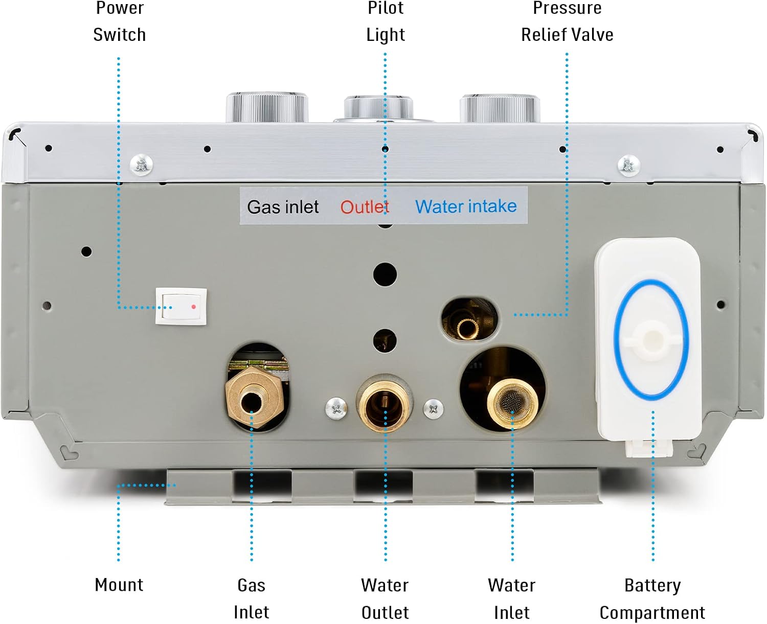 Bottom view diagram of the CO-Z JSD-16 water heater showing connection points: Power Switch, Pilot Light, Pressure Relief Valve, Mount, Gas Inlet, Water Outlet, Water Inlet, Battery Compartment.