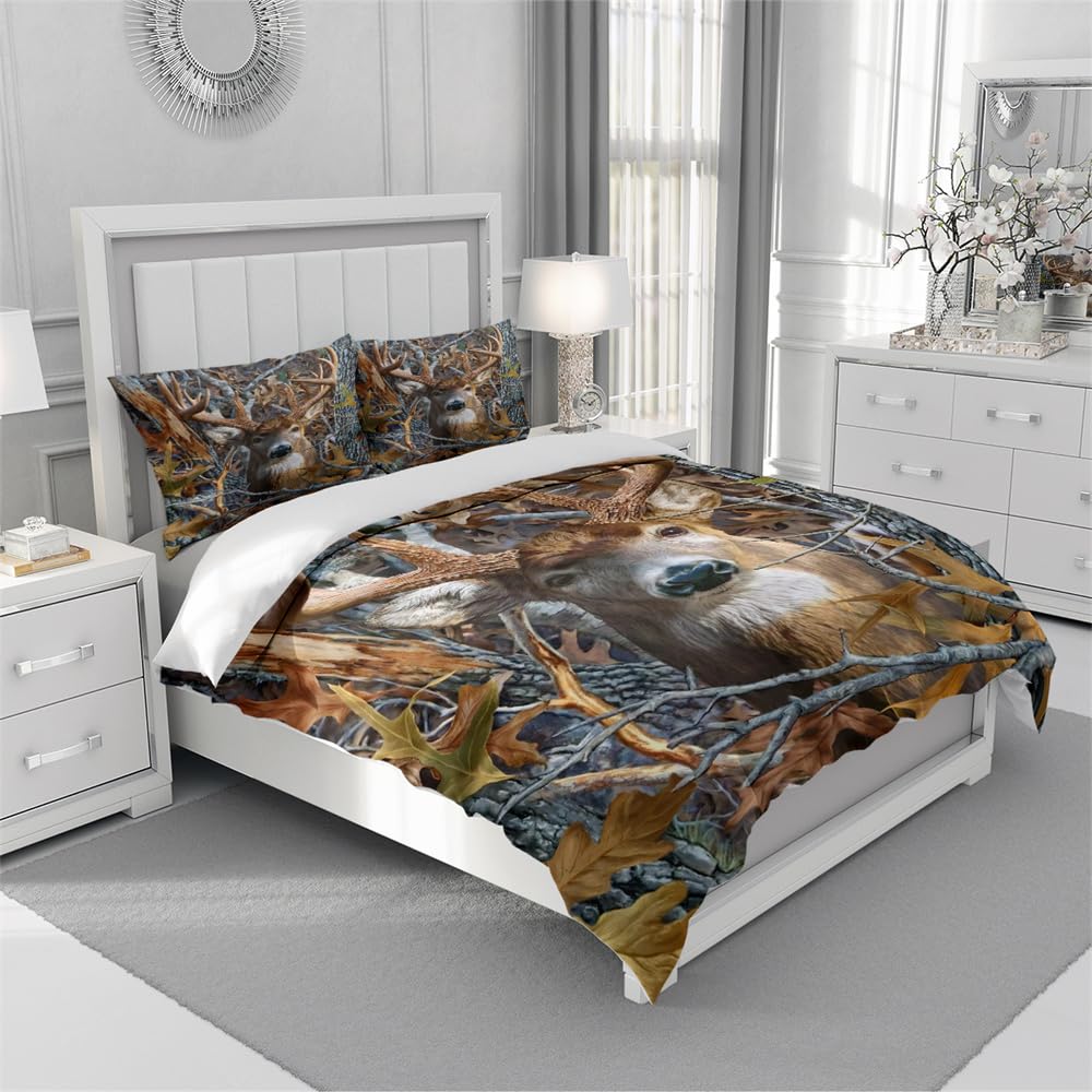 Copripiumino Matrimoniale Cervo - Set Foresta Caccia 240x220 Cm Con 2 Federe 50x80 Cm In Microfibra Morbida