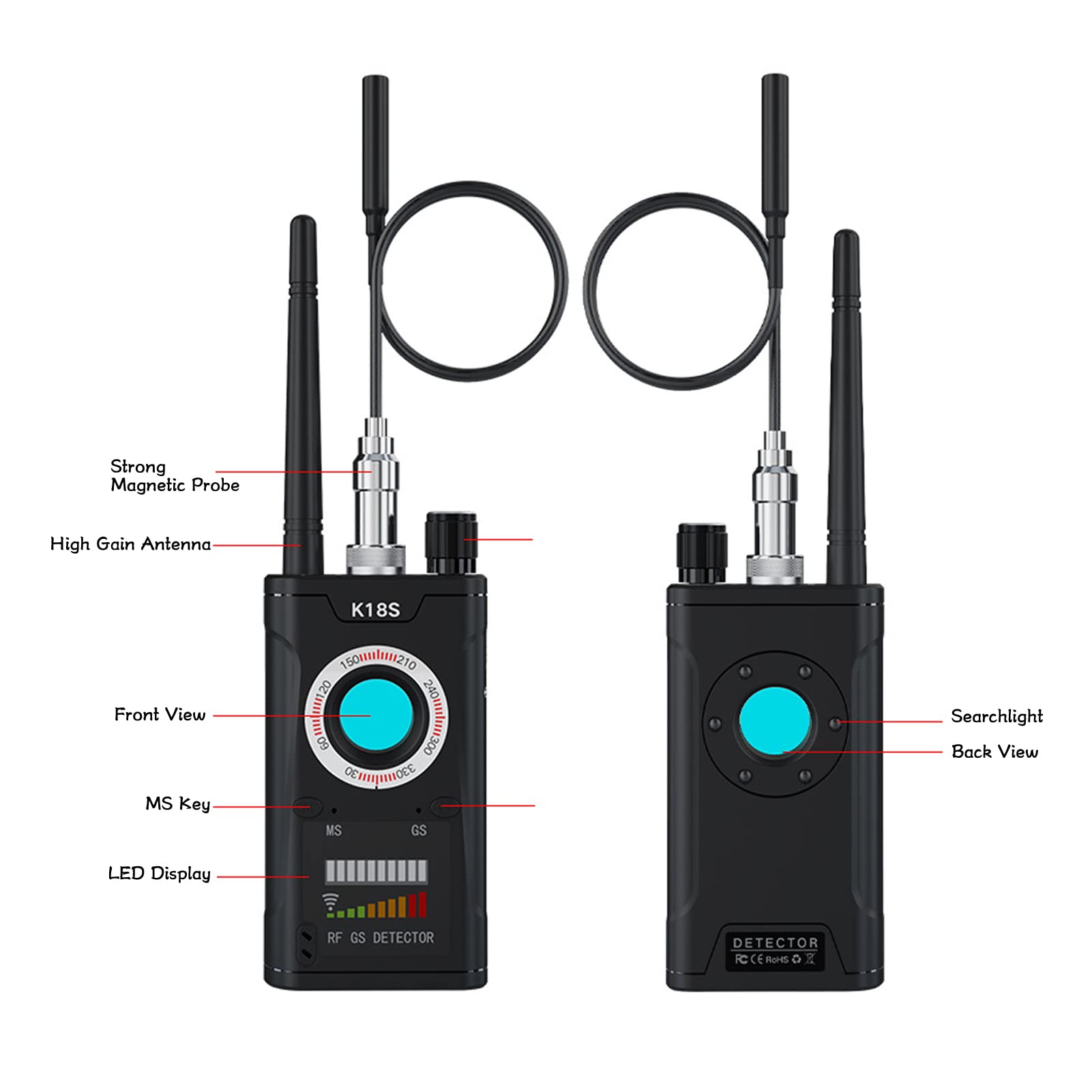 Détecteur de caméra cachée K18S 1MHZ-8000MHZ Bug Scanner de Signal sans Fil Détecteur de positionnement GPS Haute sensibilité Protecteur privé Natudeco