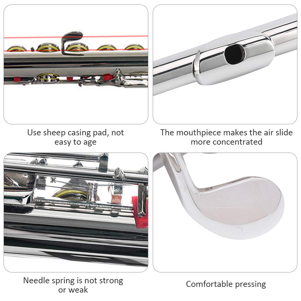 Yctze Flauta, Instrumento Musical Profesional Plateado, Flauta con Cojín de Carcasa de Oveja con Tecla E Dividida, Fácil Control, Ideal para Principiantes y Adultos, Teclas Suaves, Sensación Cómoda