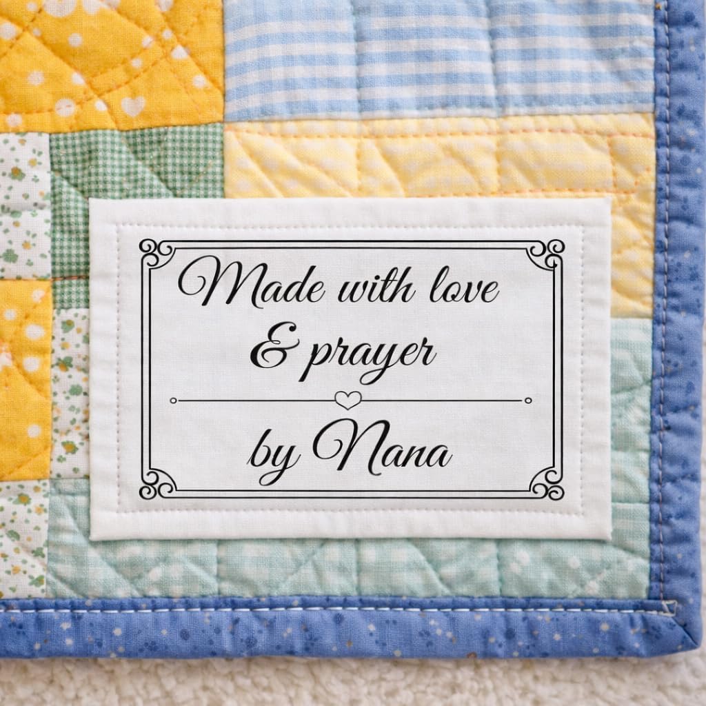 Personalized Quilt Labels “Made with Love & Prayer” – Custom Name Fabric Labels, Cotton Quilt Tags, 6 Per Sheet, 2.75” x 1.75”