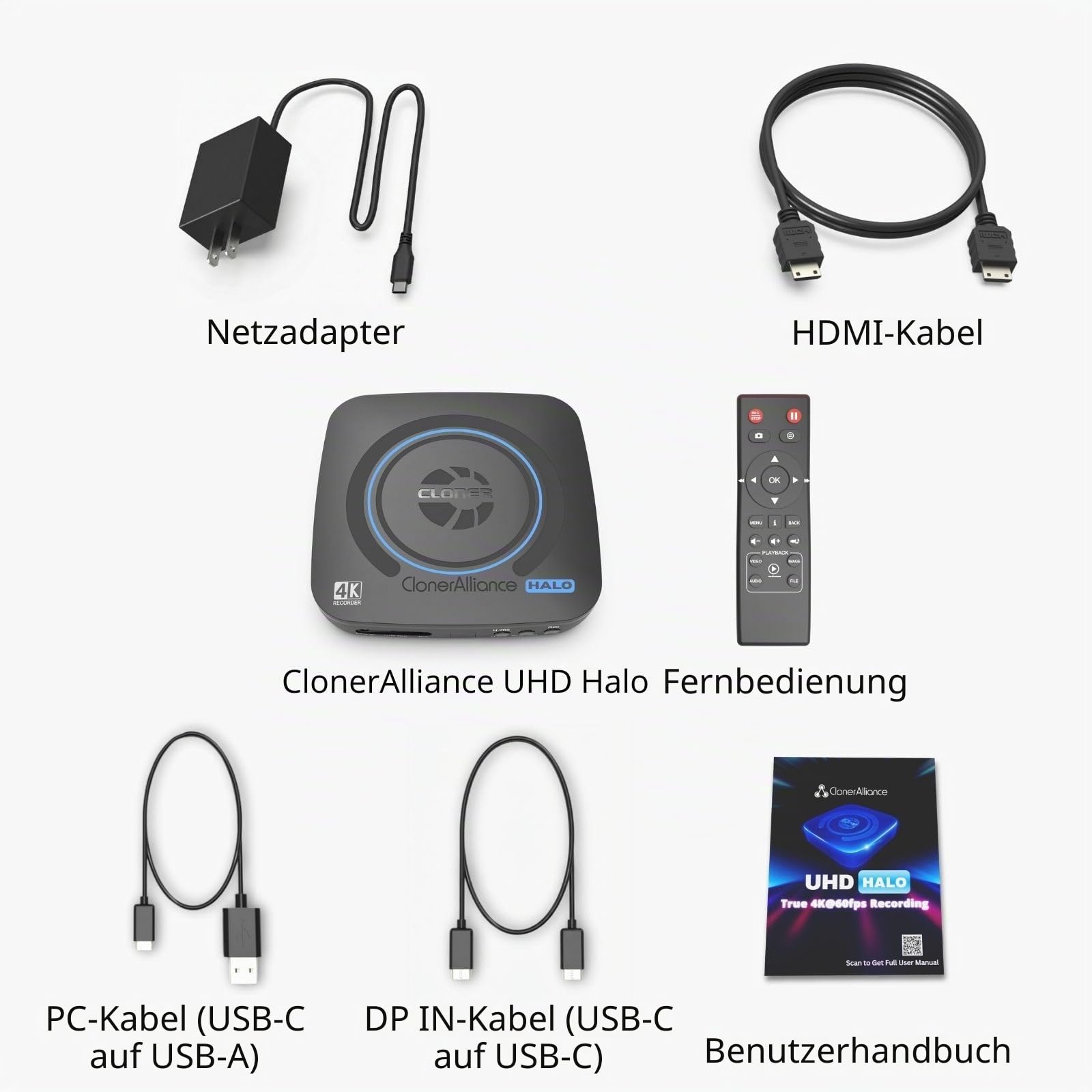ClonerAlliance UHD Halo, 4K @ 60fps Standalone Video Recorder mit H.265/H.264 Codec, HDMI & Mobile Dual Capture, 4K @ 60fps Passthrough, Audio Extract/Mix