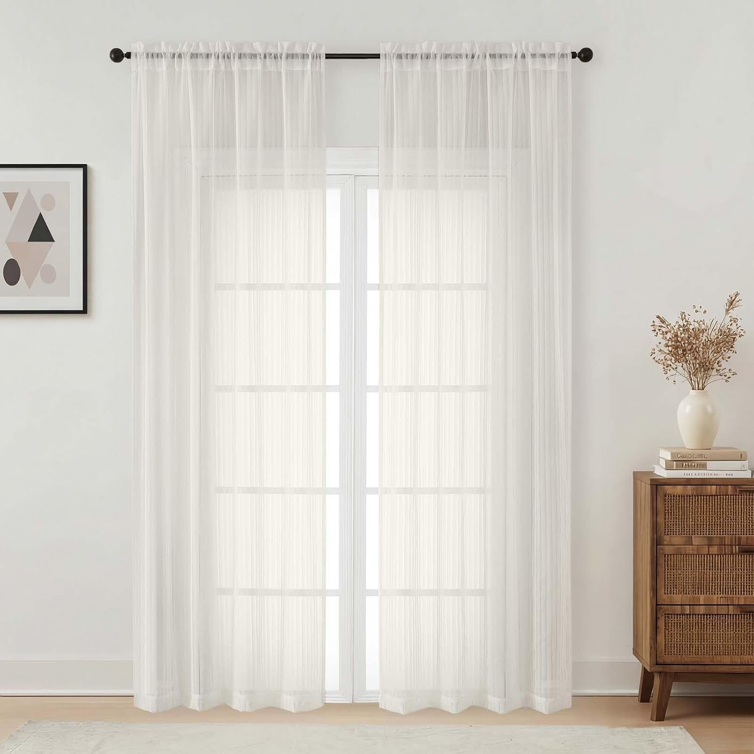 Cream Striped Sheer Curtains 96 inches Long - Non See Through Light Filtering Semi Sheer Curtains for Living Room, Rod Pocket Window Drapes, 2 Panels, Each 42Wx96L Inches