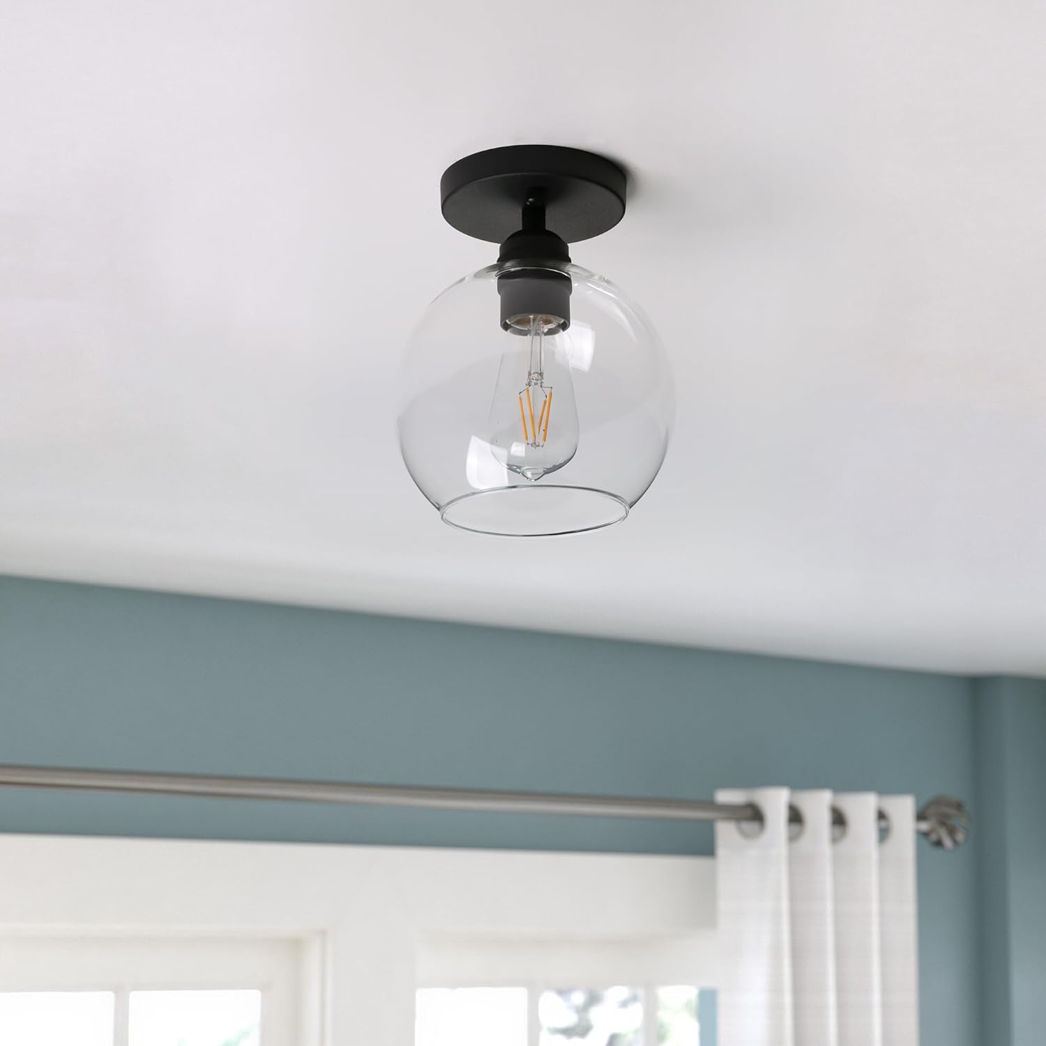 Yosoan Flush Mount Ceiling Light Fixture, 1-Light Vintage Industrial Indoor Hardwired Lightings Double Hole Round Globe Glass Shade for Bathroom Kitchen Corridor Hallway Entryway Passway(Black)