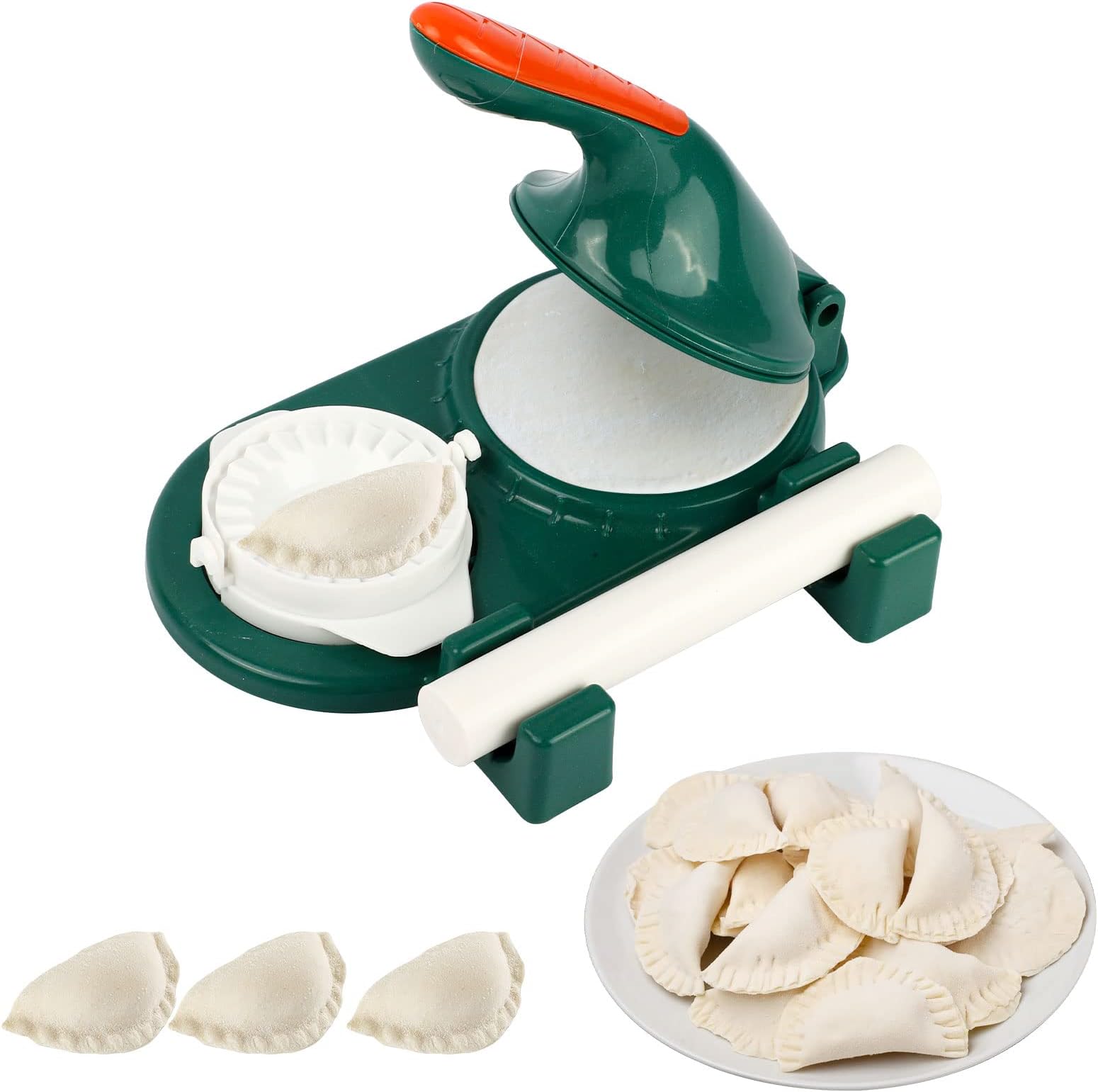 3 In 1 Dumpling Maker Mould, Household Plastic Dumpling Press Machine Mold and Skin Dough Presser with Rolling Pin, Manual DIY Kitchen Gadgets for Easy Dumpling Wonton Ravioli Pastry Making (Green)