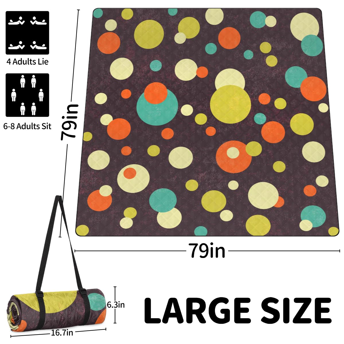 Shimoshe Extra Large Picnic Blankets 79”x 79”, Colorful Polka Dot Waterproof Foldable Picnic Mat with Straps Portable Beach Blanket for Camping Park Grass Beach Indoor