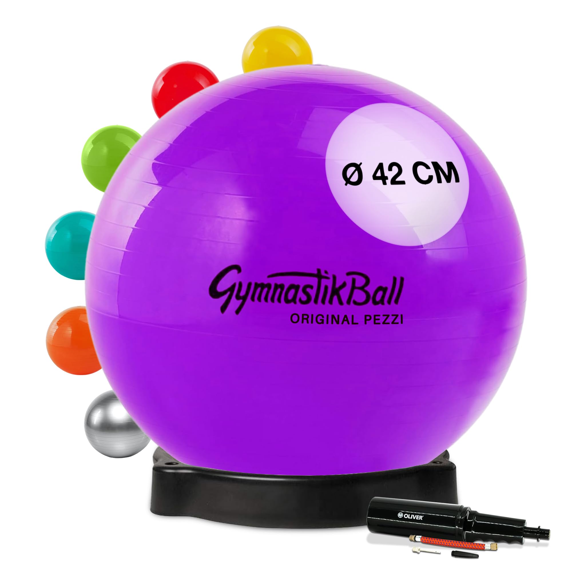 Pezzi - Gymnastikball Original Pezziball Standard 42cm mit Ballschale & Oliver Rapid Pumpe – Sitzball für Therapie, Sport & Büro - Trainingsball aus PVC belastbar bis 400 kg – Violett