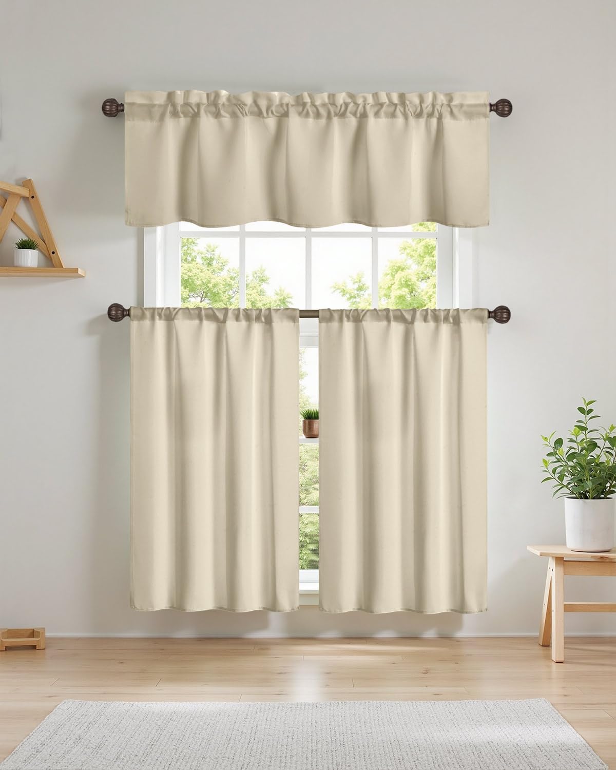 Easy Home 3 Piece Solid Color Blackout Window Curtain Set with Tiers and Valance Rod Pocket Thermal Privacy Curtain Tiers for Kitchen, Living Room, Bathroom Shades, W27 x L36 Inch,(Beige)