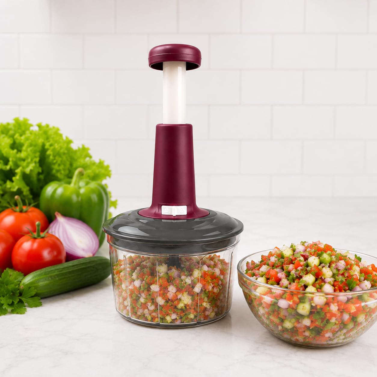 VIHANWORLD Chopper 650ml, Manual Hand Press Push Chopper with 3 Blades for Effortless Chopping Vegetables & Fruits, Purple-image-28