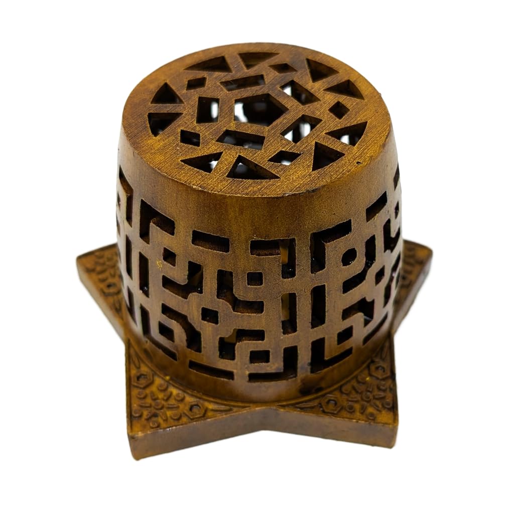Resin Incense Burner with Metal Insert Bowl, Geometric Cut Out Cover, Tabletop Bakhoor and Resin Holder for Charcoal Use, Heat Safe Base, 7 x 10 cm (Brown)