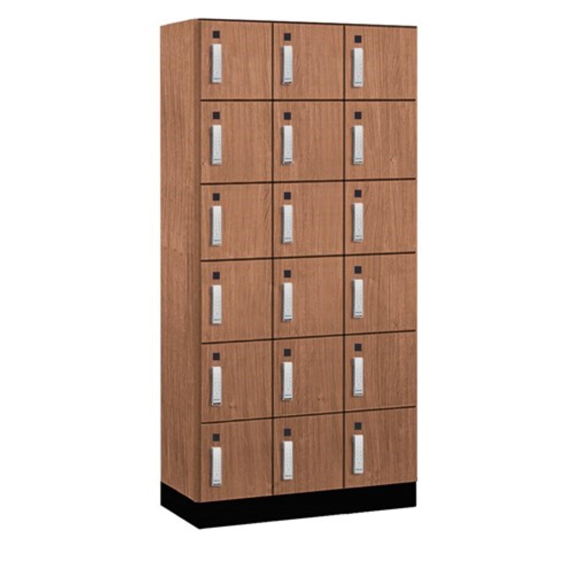 Salsbury 12 Wide Premier Wood Locker-Six Tier Box Style-3 Wide-6 Feet High-18 Deep-Red Oak-Silver Electronic Locks