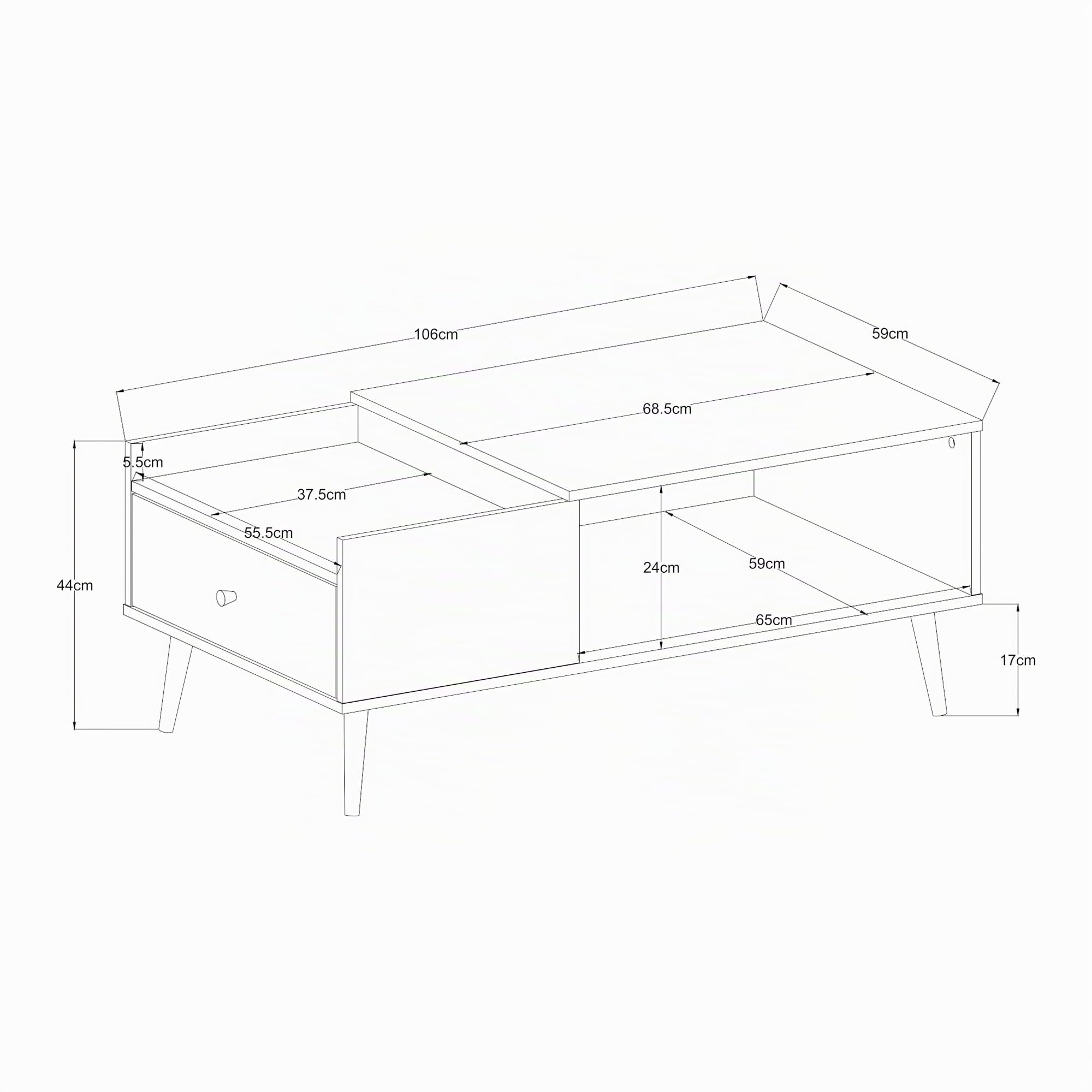 [en.casa] Mesa de Centro Hallevil con Tablero Rectangular Mesita de Café con Compartimento Abierto y Cajón Mesa Auxiliar de Sofá Salón Despacho 106 x 59 x 44 cm - Blanco