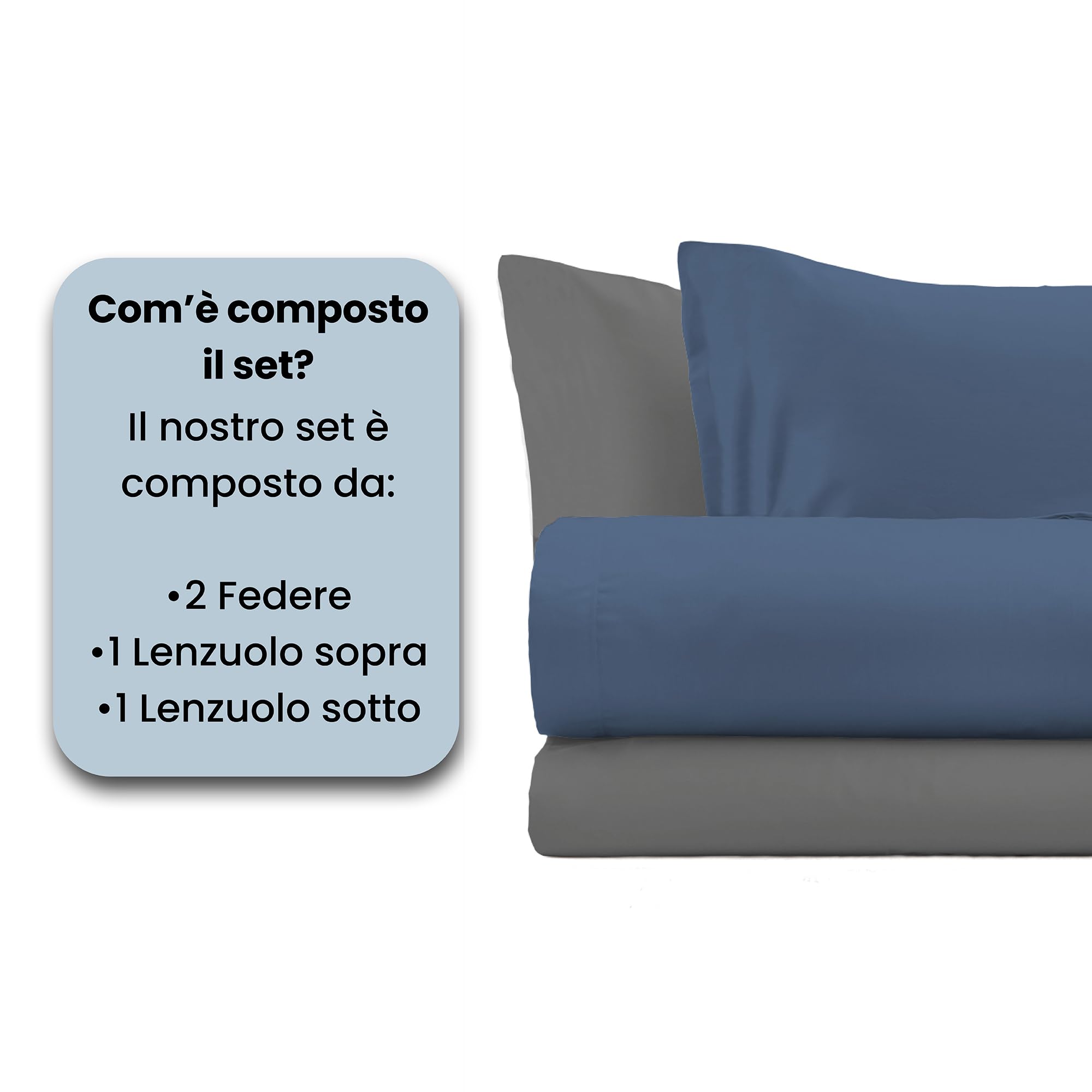 COMPLETO LETTO MATRIMONIALE NATURAL COLOR 100% Cotone - Prodotto in Italia - Sopra 240x300 cm, Sotto 170x200 cm, Federe 50x80 cm Tinta Unita - DoubleFace - Avio/Fumo