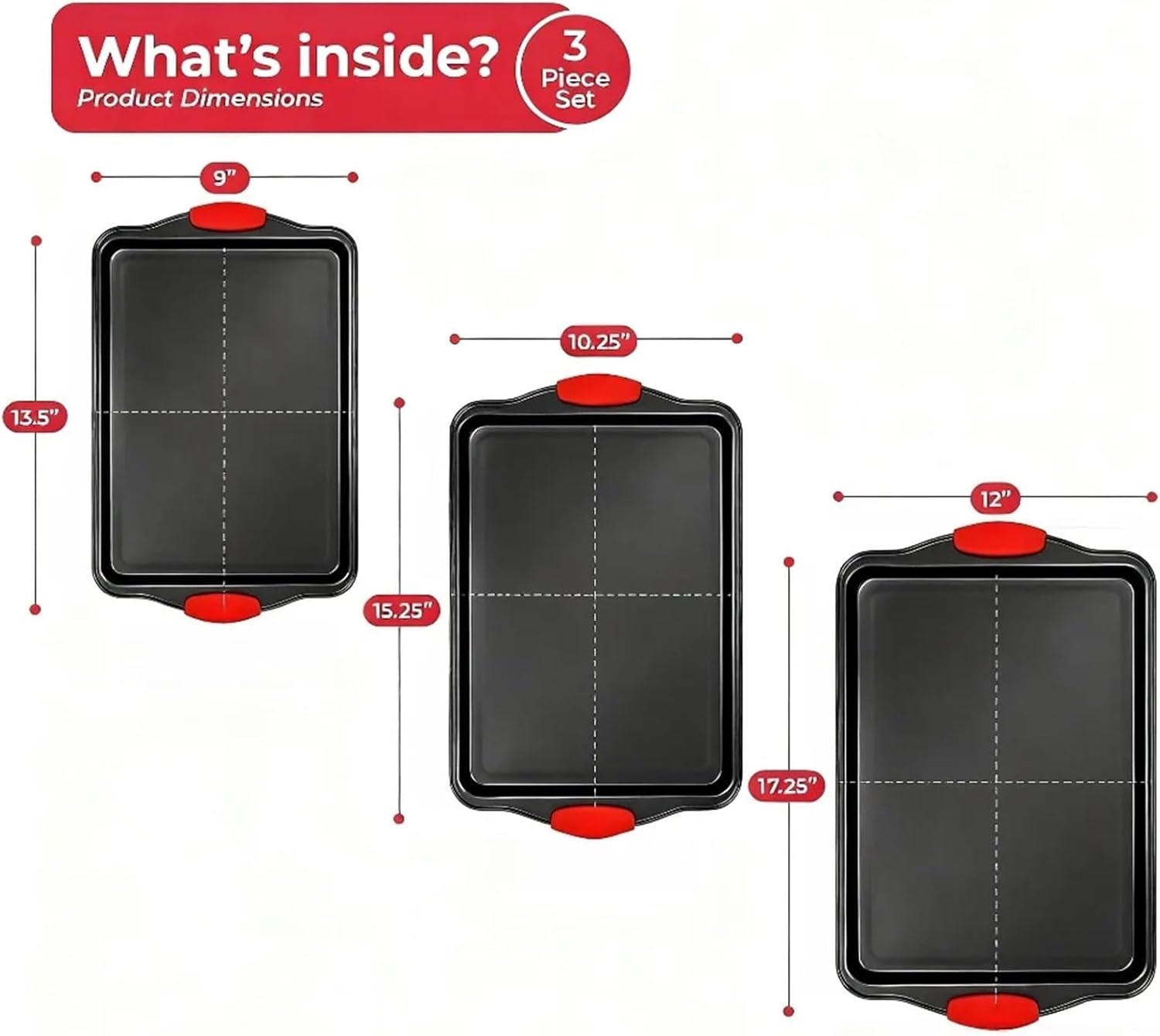Non-stick carbon steel baking pan set with silicone handles,stackable, suitable for baking cookies, pizzas, bread，and muffins(S)