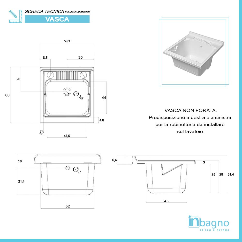 Mobile lavatoio in Resina, ideale per esterni e interni, 45x50-50x50-45x60-60x50-60x60, COMPLETO di asse lavaggio e kit sifone + piletta (60x60)