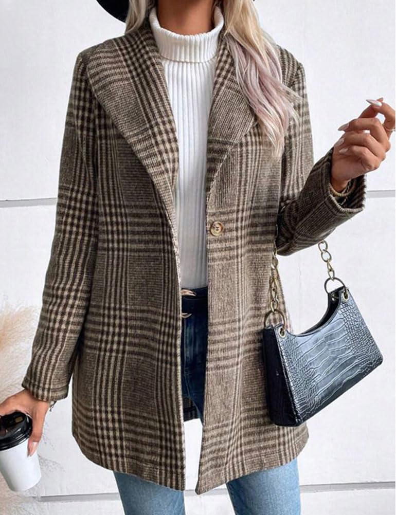 IDEALSANXUN Long Wool Plaid Blazer for Women Fall Outfits Winter Trench Coat Long Sleeve Casual Dressy Lapel Jacket Peacoat - Image 2