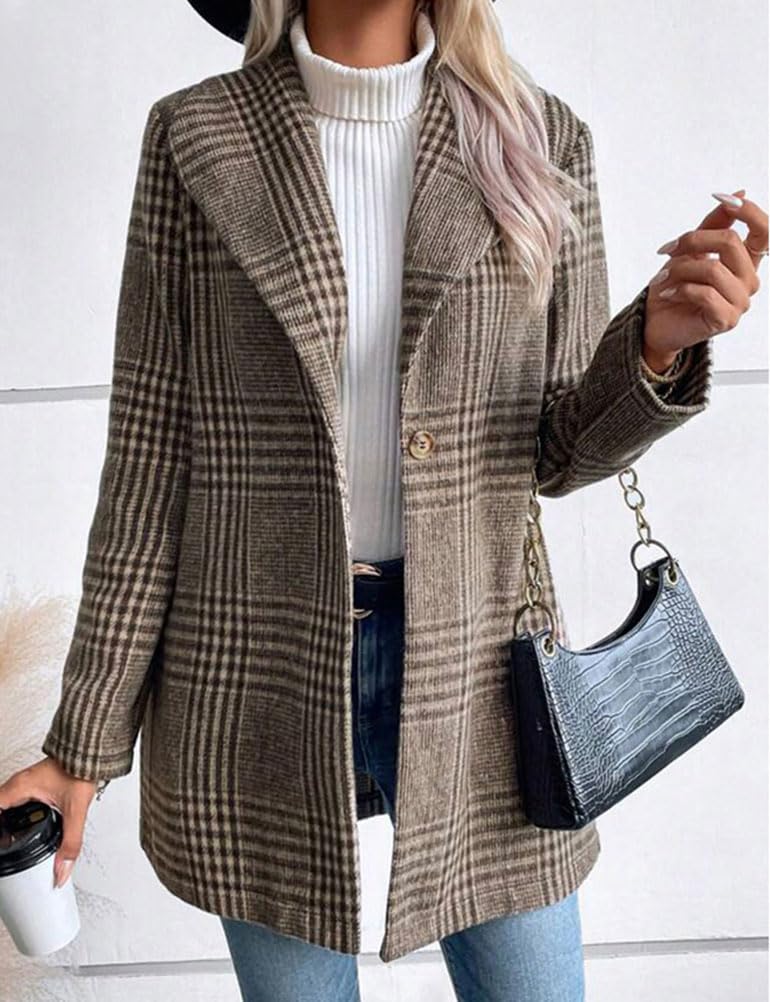 IDEALSANXUN Blazer largo de lana a cuadros para mujer, trajes de otoño e invierno, gabardina de manga larga, casual, elegante, chaqueta con solapa