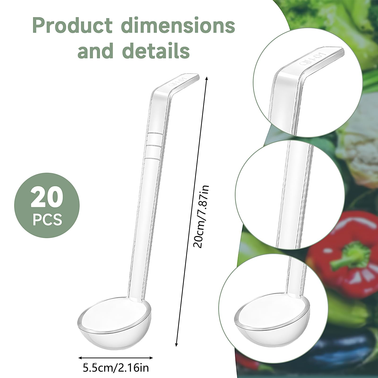 20 piccoli mestoli in plastica trasparente, 20 cm, 28,3 g, con manico lungo, cucchiai da salsa per cucina, buffet, condimenti, zuppe, cocktail