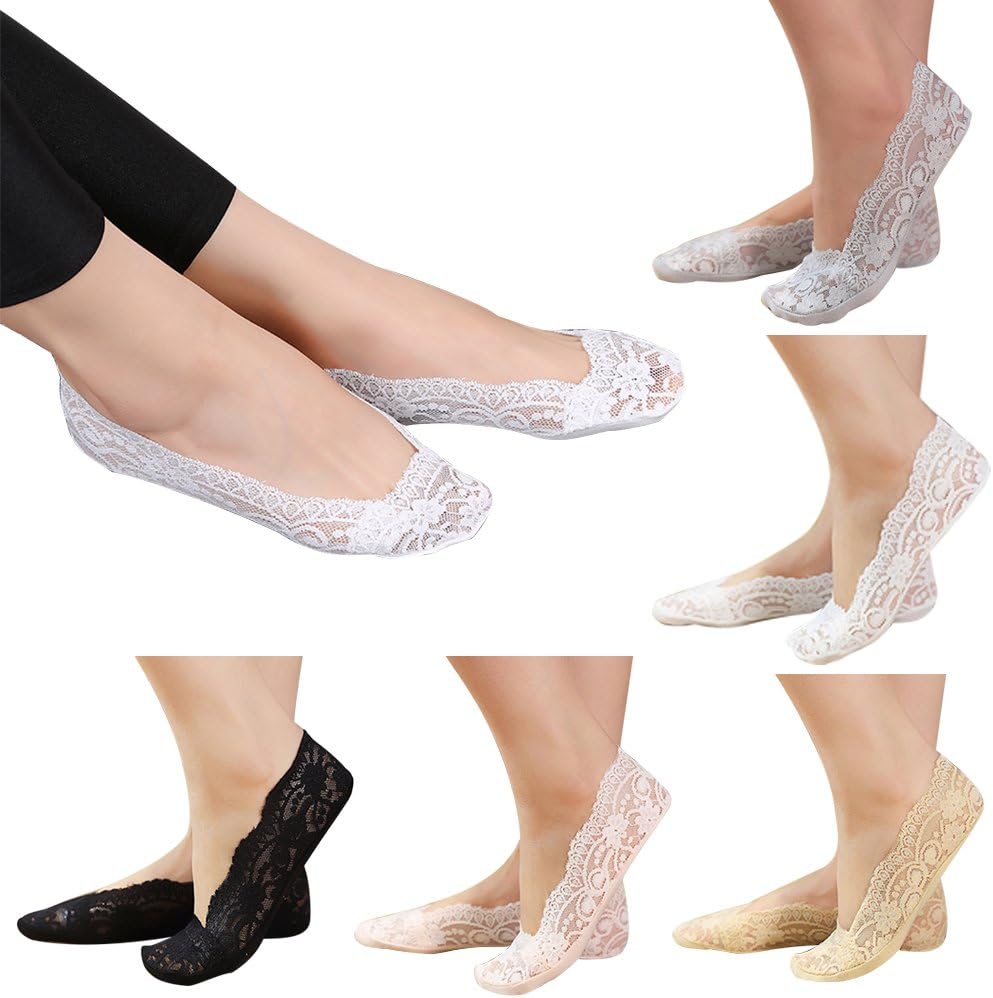 AHG 5 Pairs Womens Ladies Girls Skin Shoe Liners Footsies Invisible Thin Lace Socks Sheer, Great Flower Lace Footsies