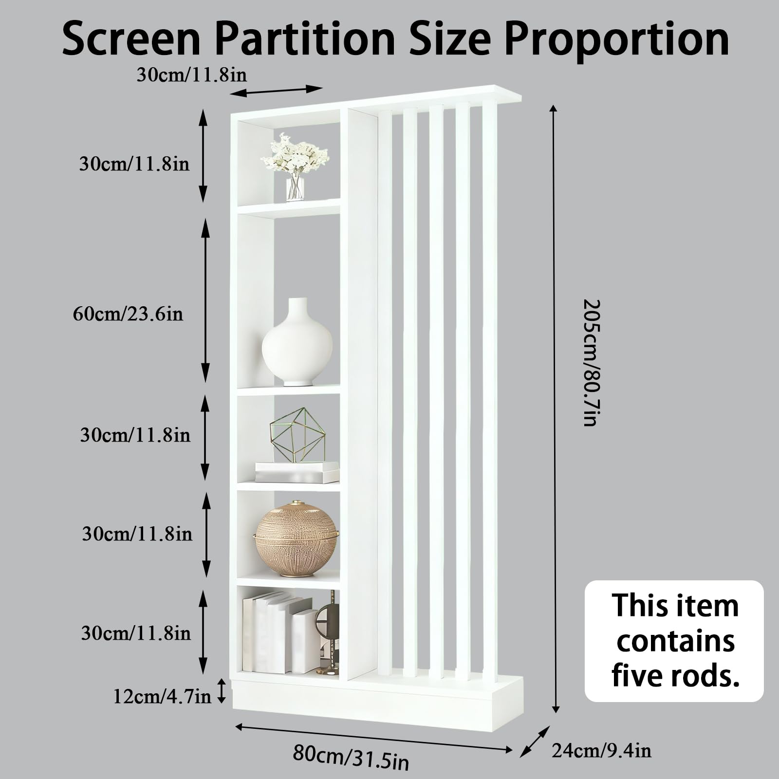 Dispissione della sala da parete con scaffale di stoccaggio, schermata della partizione dell'ingresso pavimento al soffitto, realizzato in legno massiccio, facile da assemblare (B White+White, 80cm)