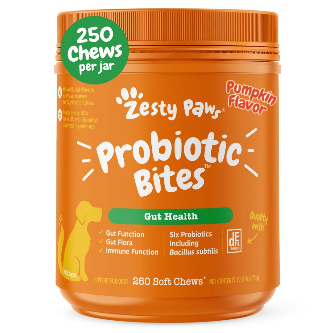 Zesty Paws Probiotic for Dogs Probiotics for Gut Flora, Digestive Health, Occasional Diarrhea & Bowel Support Clinically Studied DE111 Dog Supplement Soft Chews for Pet Immune System – 250 Count