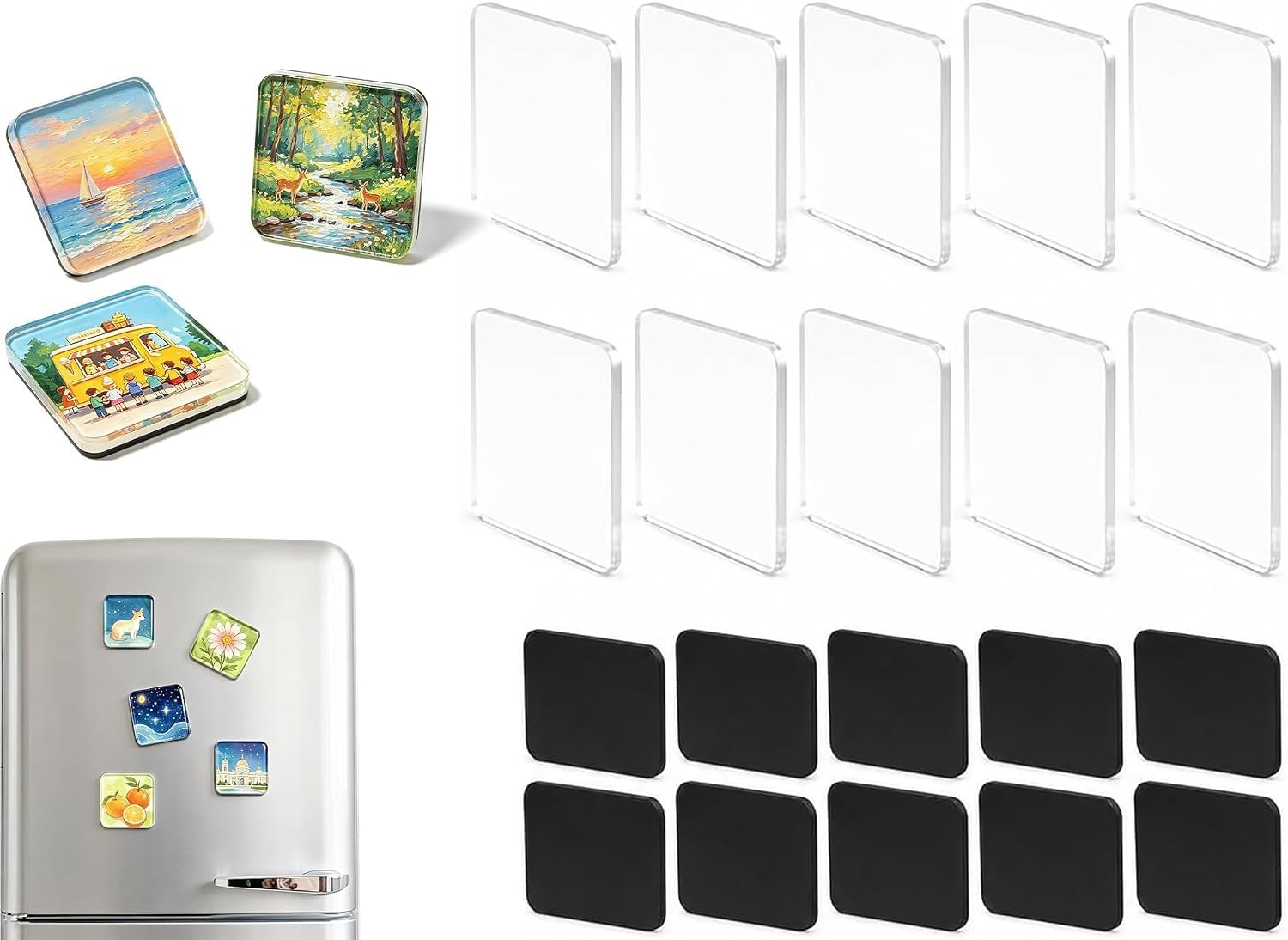 20 Pcs DIY Fridge Magnets,2 Inch Clear Acrylic Photo Magnet Kit with Peel-and-Stick Application for Personalized Wall Decor,Locker Displays,Memory Keepsakes & DIY Crafts.，Square