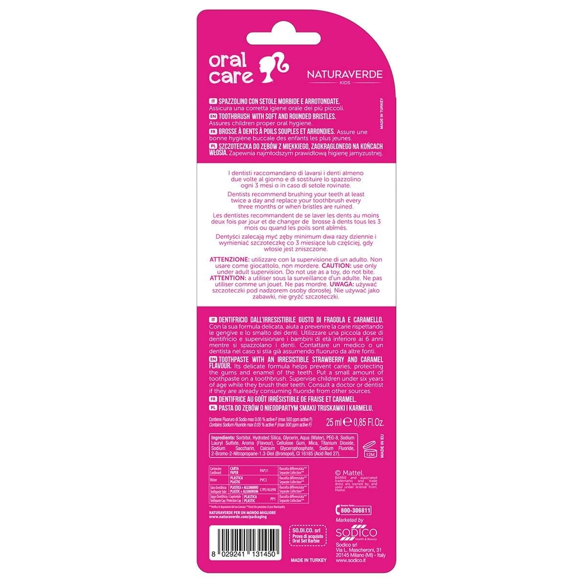 Naturaverde | Dzieci - Mattel Barbie - zestaw do czyszczenia doustnego dla dzieci, pasta do zębów truskawek i karmelów 25 ml i szczoteczka do zębów z miękkim włosiem, pasta do zębów Barbie