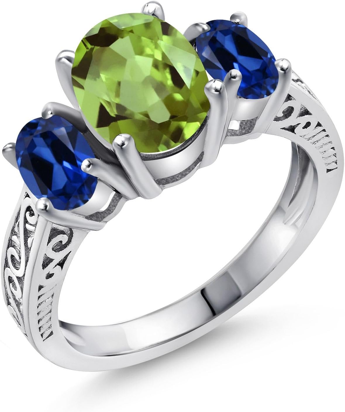 Gem Stone King 2.71 Cttw Green Peridot and Blue Created Sapphire 3-Stone Ring For Women | 925 Sterling Silver | Gemstone Birthstone | 3 Stone Wedding Engagement Anniversary Promise Ring