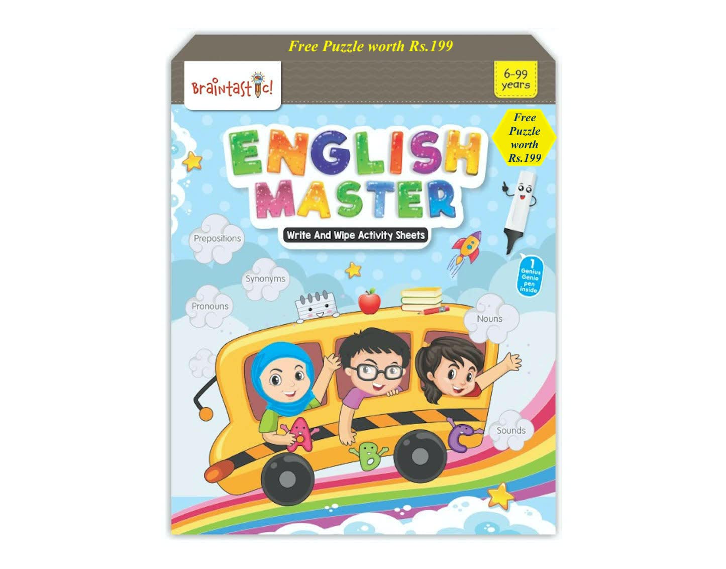 Braintastic Educational Game: English Master (6-99 Years) / Write & Wipe Reusable Activity Sheets/Kids Toy/ Free Puzzle