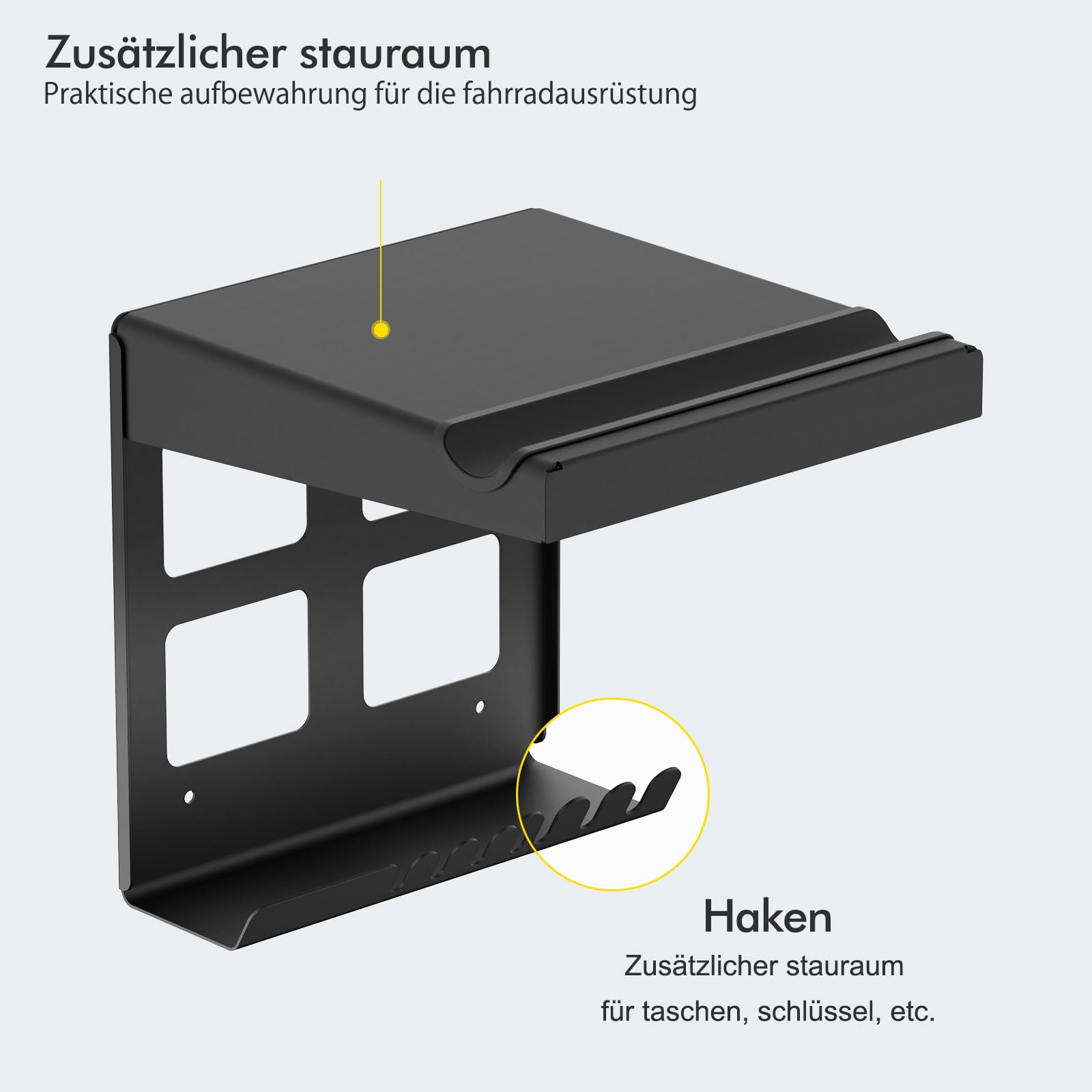 Mimoke Indoor Fahrrad Wandhalterung Garagen Wandmontierter Fahrradständer für Fahrräder mit Regalhaken, Kompaktes Robustes Design, Schutzpolster, Zusätzlicher Stauraum, Einfache Installation (Schwarz)