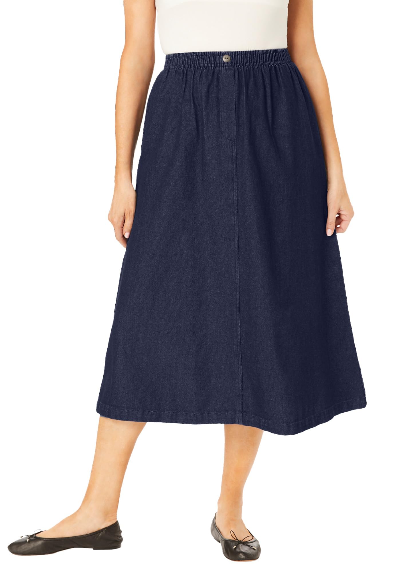 Woman Within Plus Size Petite 7-Day Elastic-Waist All-Cotton Pull-On Denim Jeans Skirt
