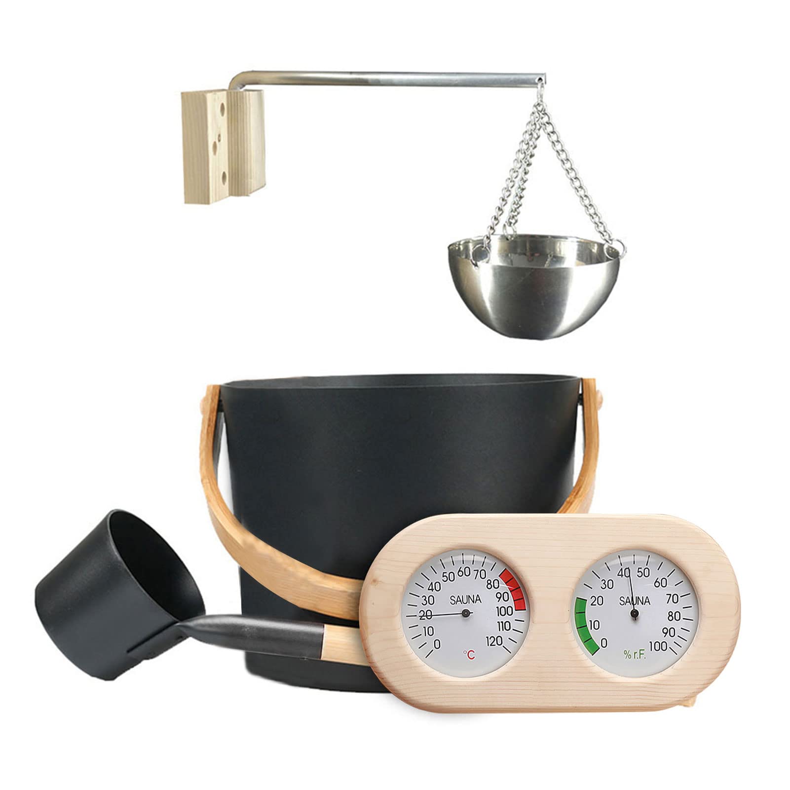 XJZHANGSeatechlogy Sauna Bucket Accessory Set | Sauna Bucket with Ladle| 4-Piece Sauna Set with 7 L Sauna Bucket/Thermohygrometer/Sauna Oven