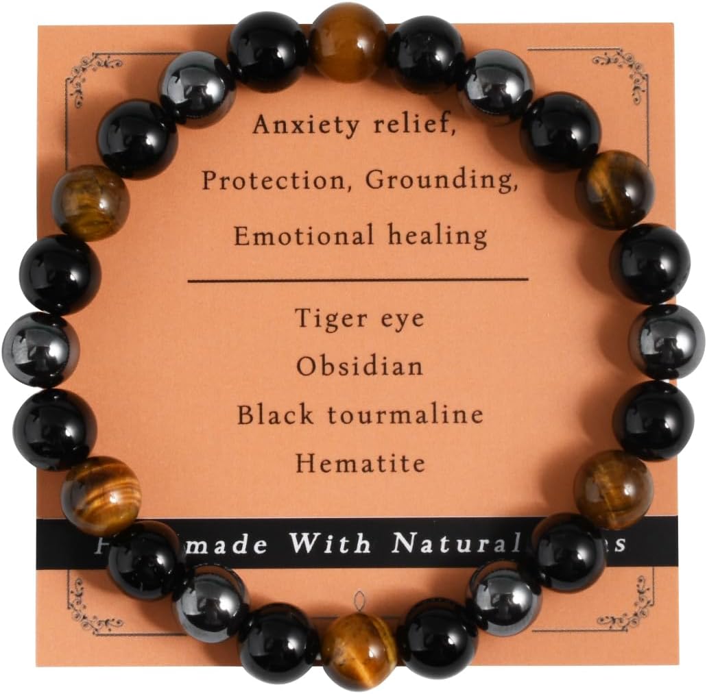 Black Onyx Tourmaline Bracelet Triple Protection Healing Crystal Bracelet Obsidian Hematite Bracelet For Men And Women
