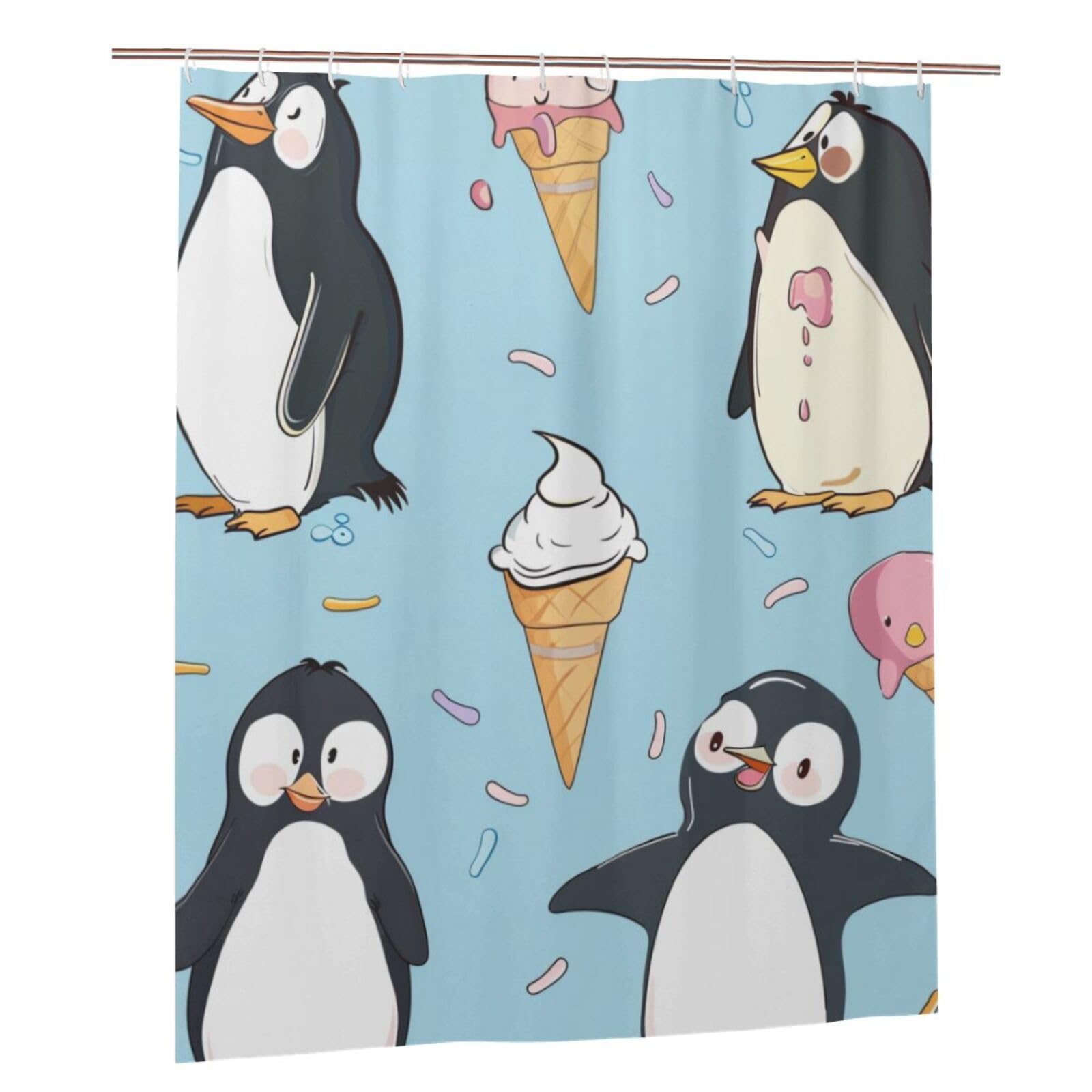 BWWHCCTI Cute Penguins Printed Shower Curtain With 12 Plastic Hooks Opaque Quick Drying Waterproof Shower Curtains Sets For Bathroom 152x183 Cm